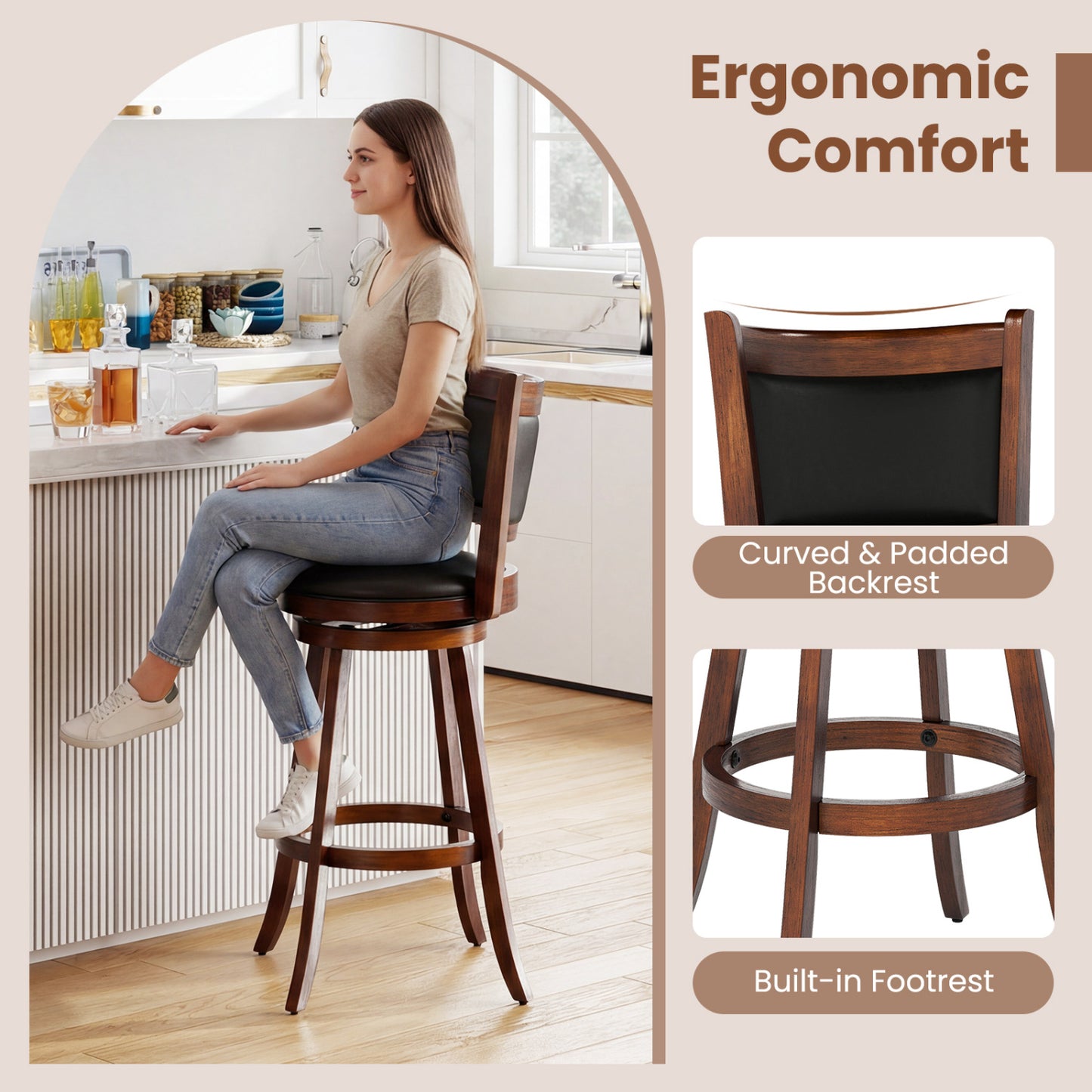 Set Of 2 29 Inch Swivel Bar Stool, Wood Dining Chair, Brown Bar Stools at Gallery Canada