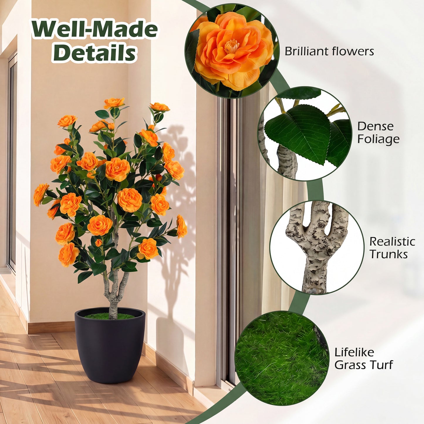 Set of 2 39.5" Artificial Camellia Trees, Cement Pots, Orange