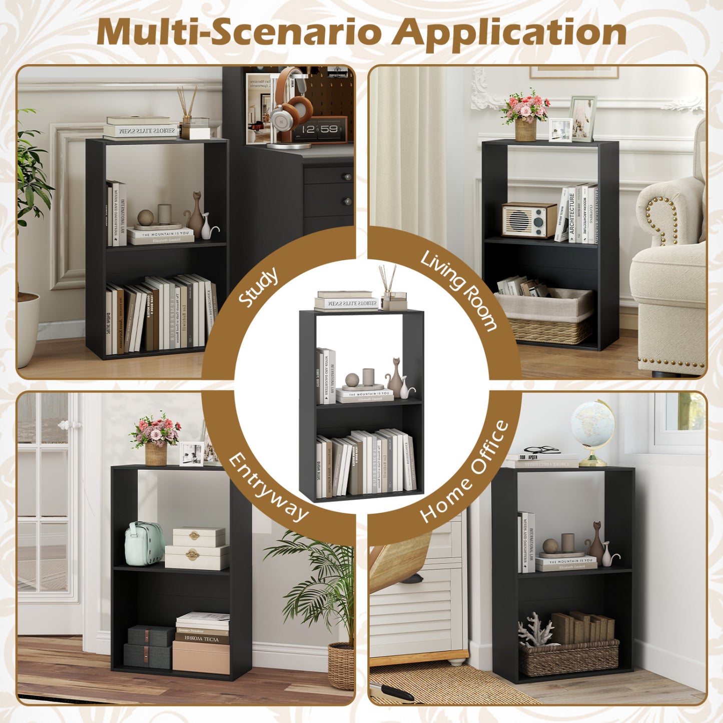 Set of 2 3-Tier Bookshelf with Open Storage Compartment and Freestanding Display Shelf, Black Bookcases at Gallery Canada