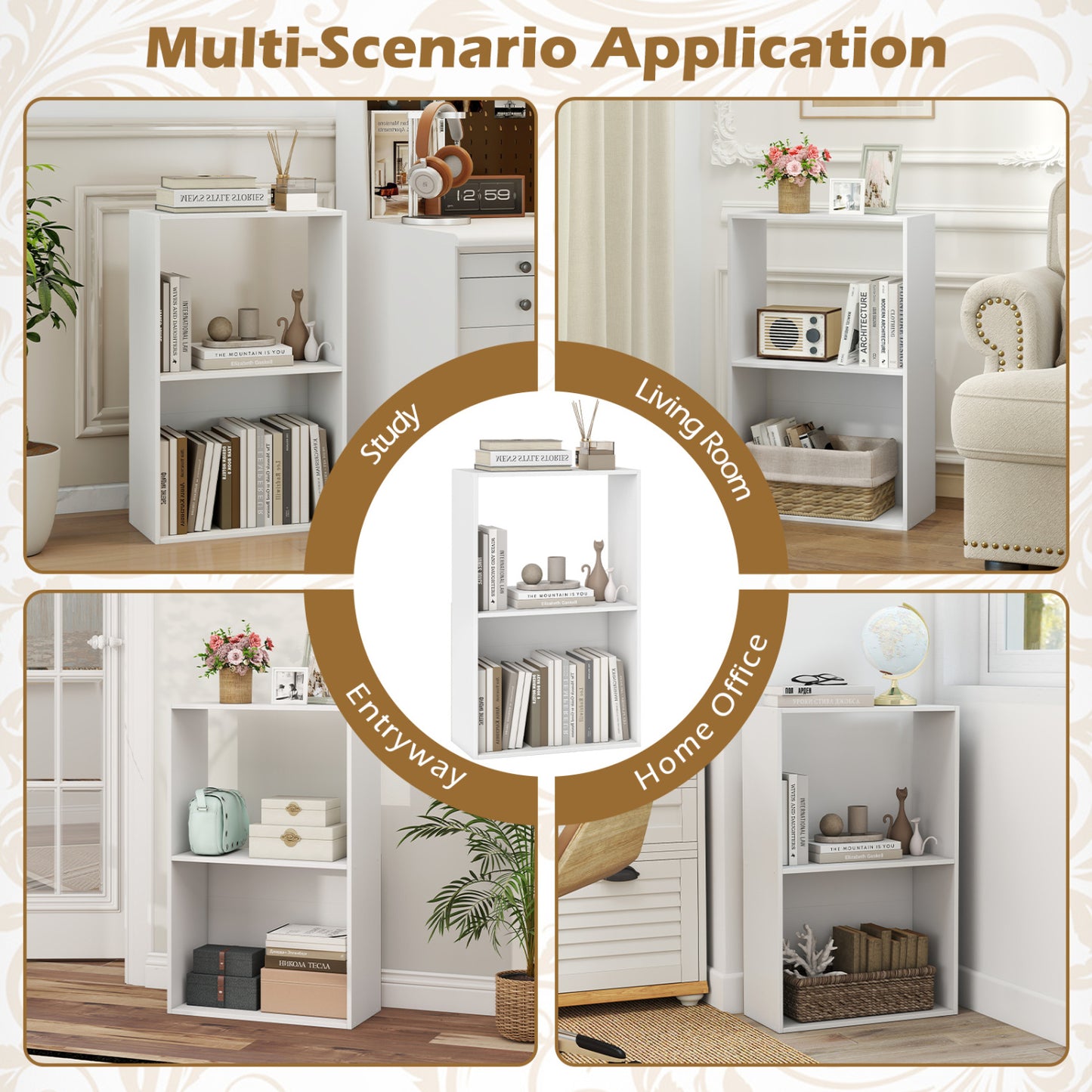 Set of 2 3-Tier Bookshelf with Open Storage Compartment and Freestanding Display Shelf, White Bookcases at Gallery Canada