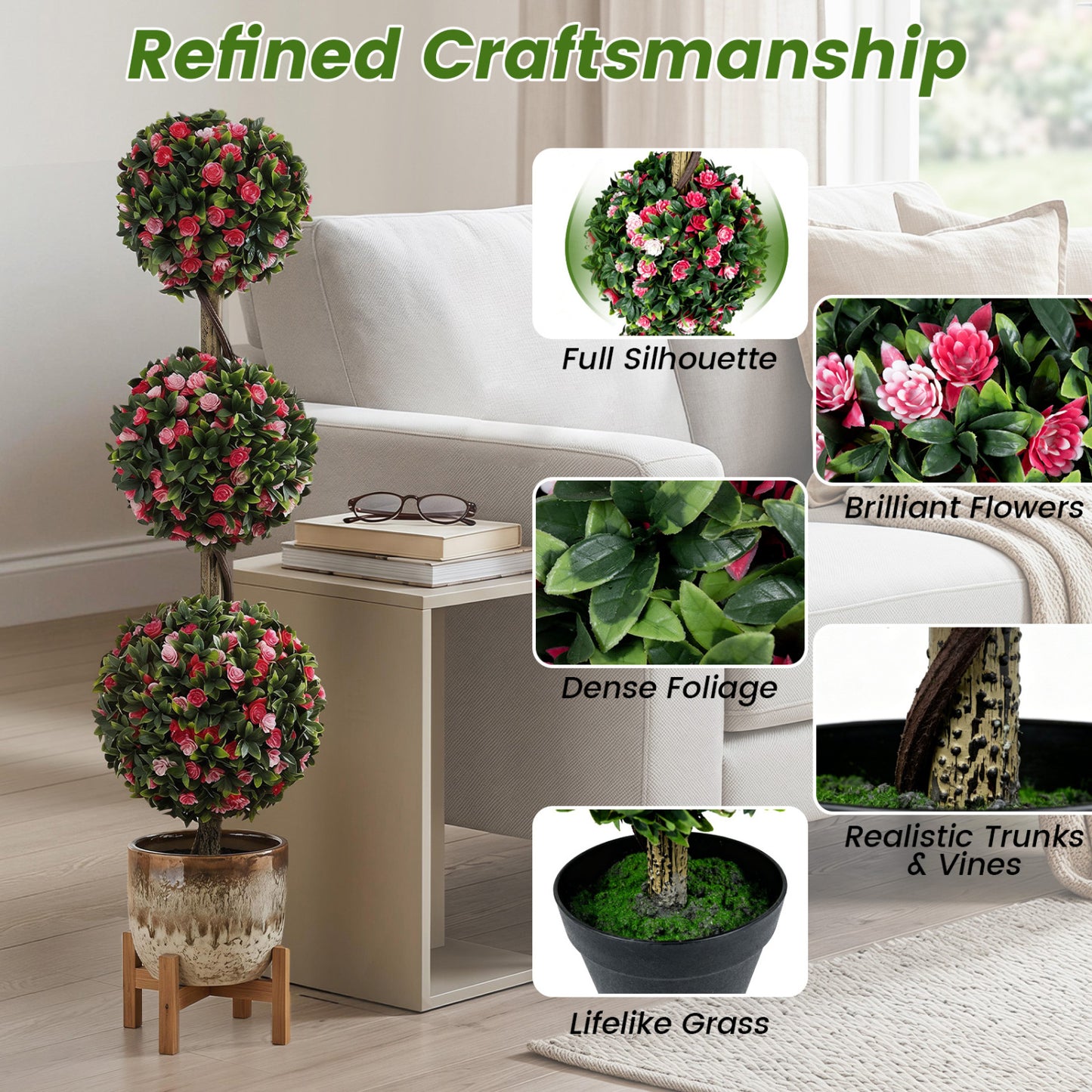 Set of 2 43.5" Artificial Triple Ball Rose Topiary Tree with Lifelike Blooms and Green Leaves Faux Plants at Gallery Canada