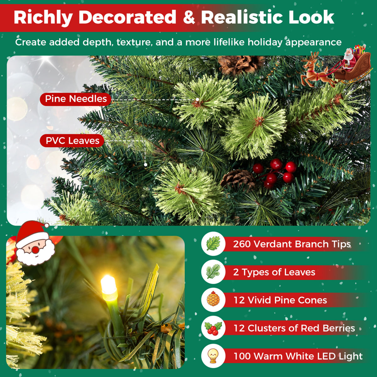 Ensemble de 2 arbres de Noël LED de 5 pieds, pommes de pin, 260 branches, rouge
