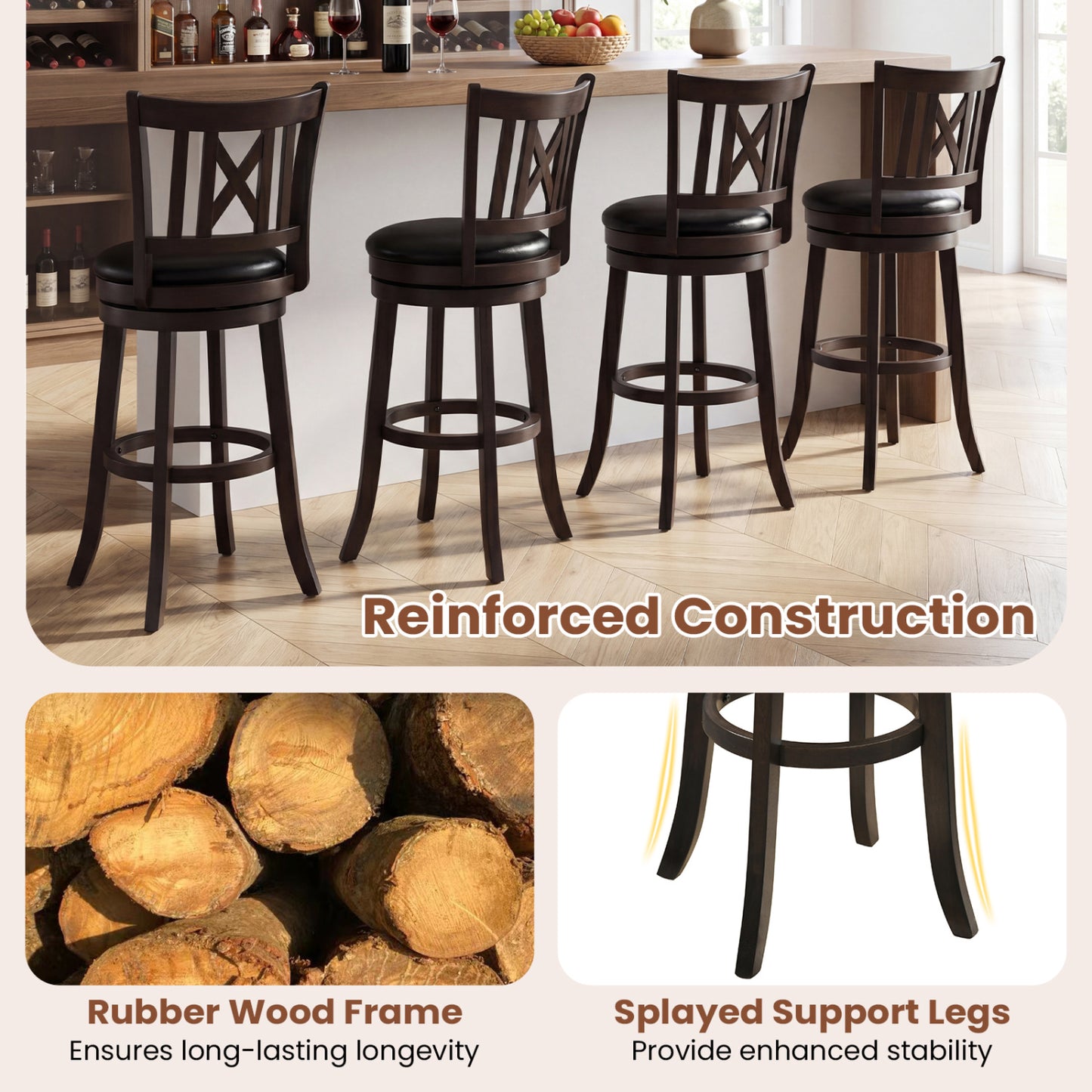 Set Of 2 Swivel Bar Stools With Hollow Backrest, 30 In Bar Stools at Gallery Canada