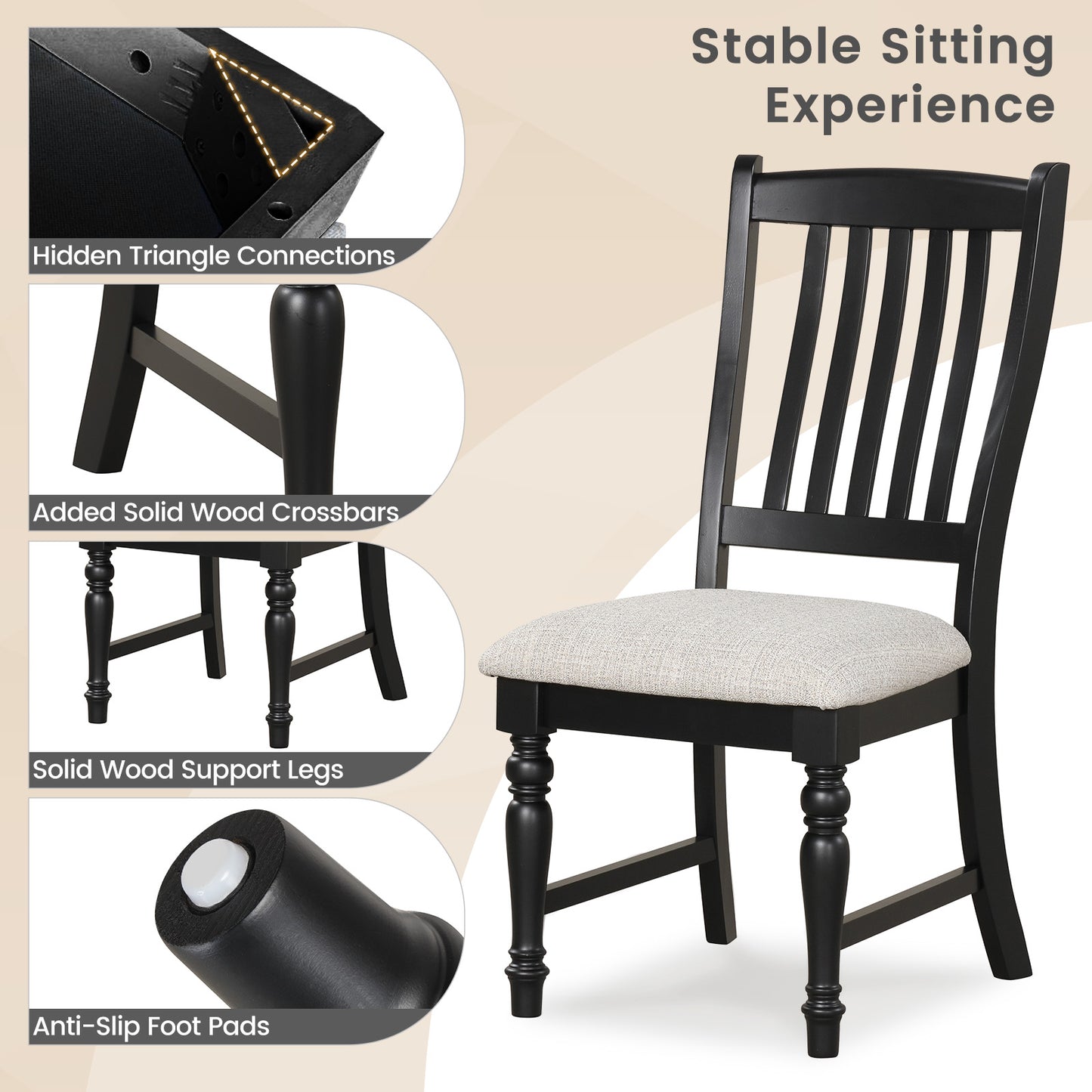 Set Of 2 Dining Chairs With Solid Wood Legs, Black