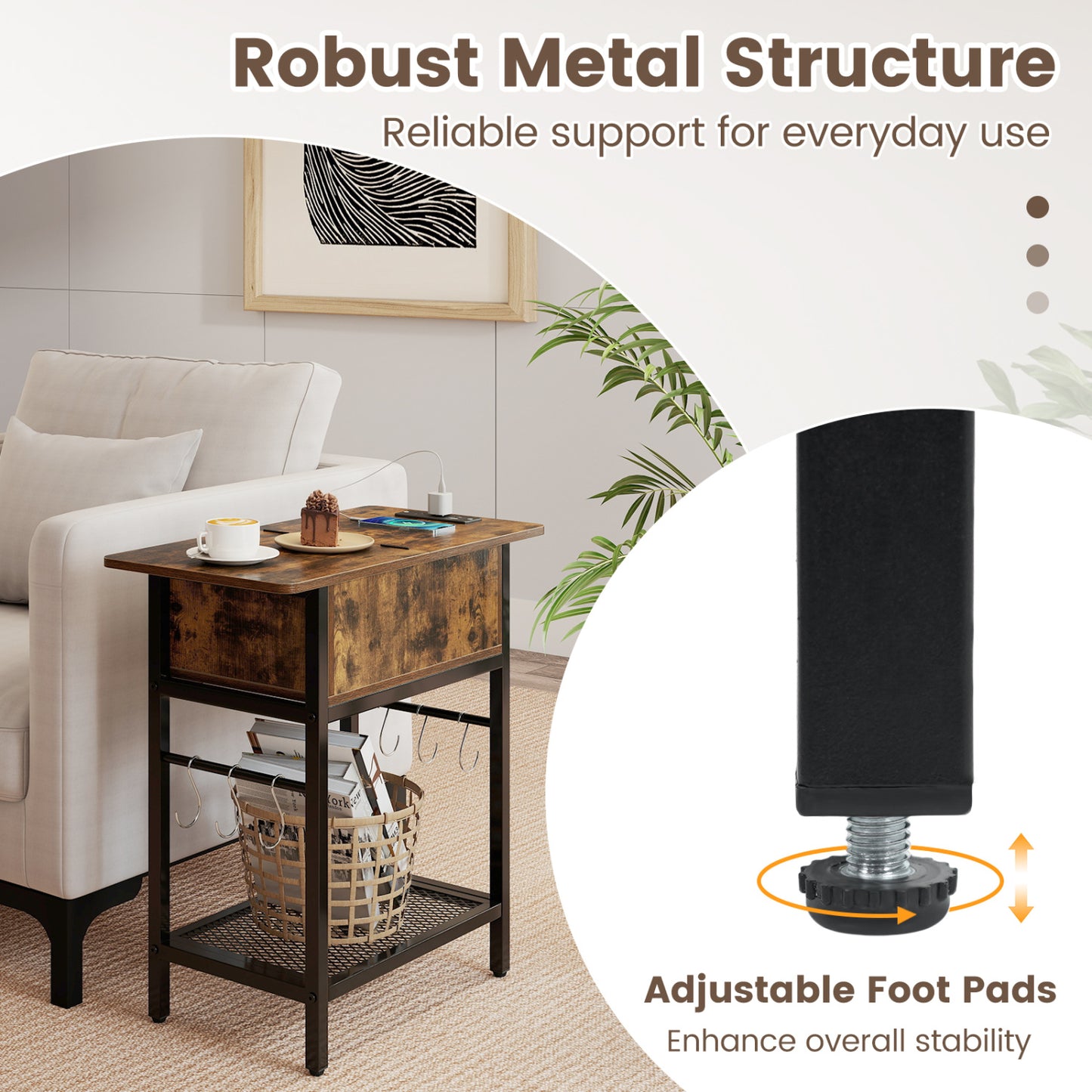 Set of 2 End Table with Charging Station and Hidden Compartment, Rustic Brown End & Side Tables at Gallery Canada