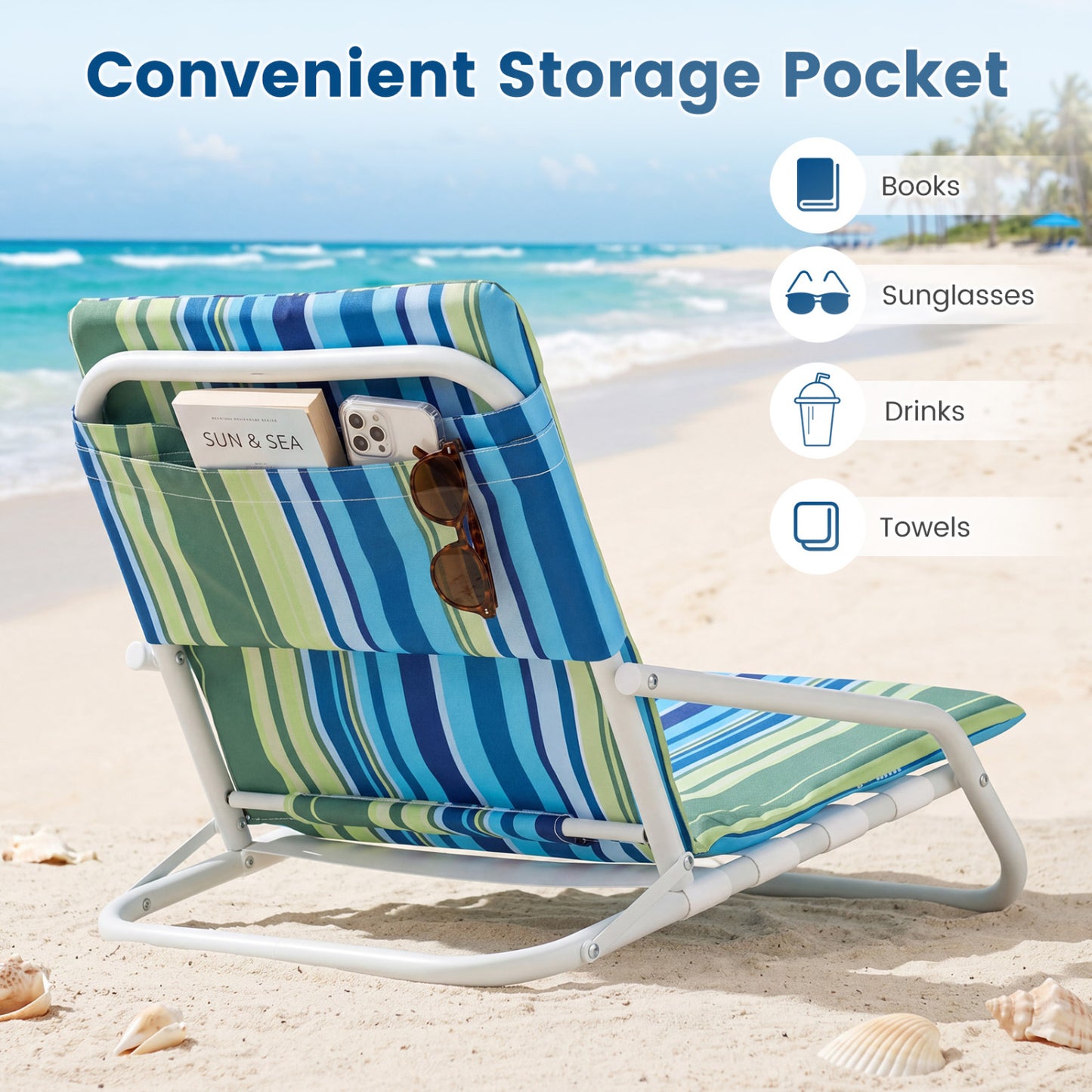 Set of 2 Folding Beach Chairs with Padded Seat, Navy