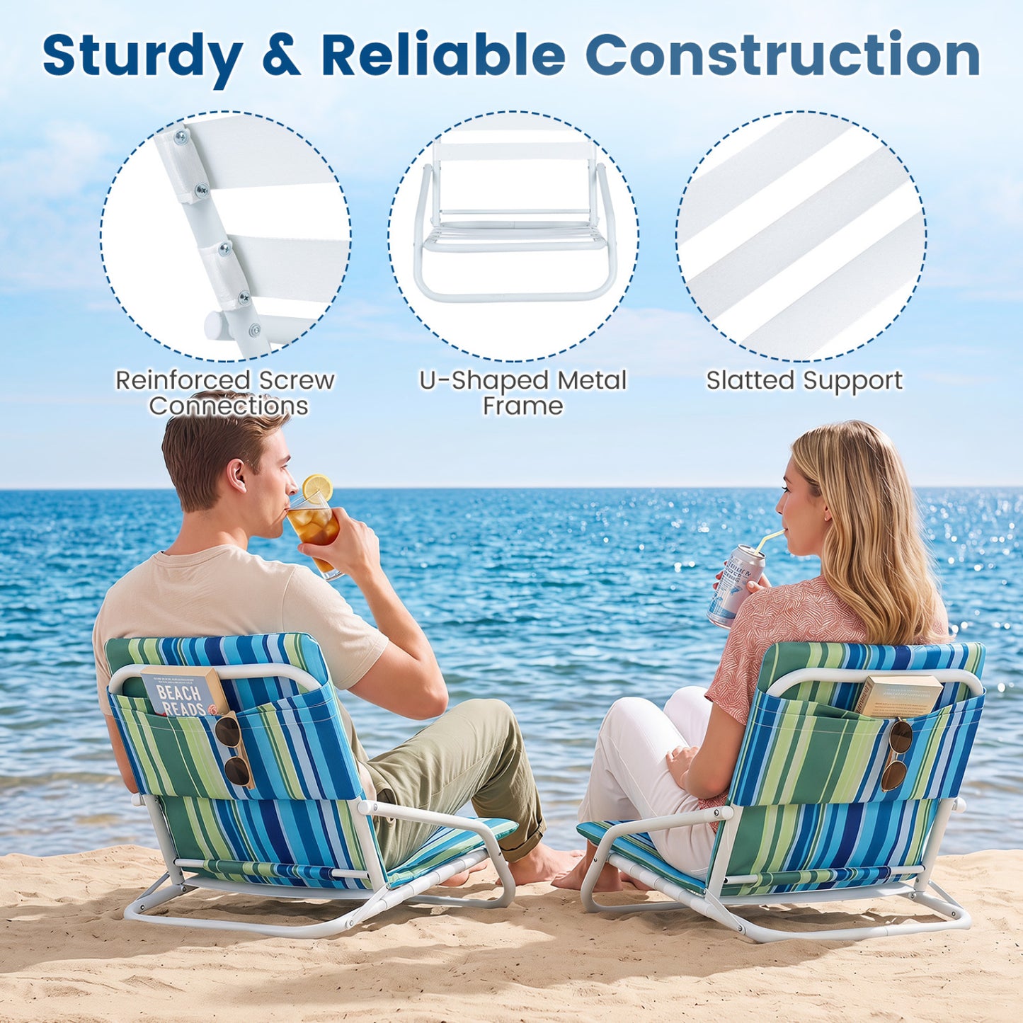 Set of 2 Folding Beach Chairs with Padded Seat, Navy Beach & Lawn Chairs at Gallery Canada
