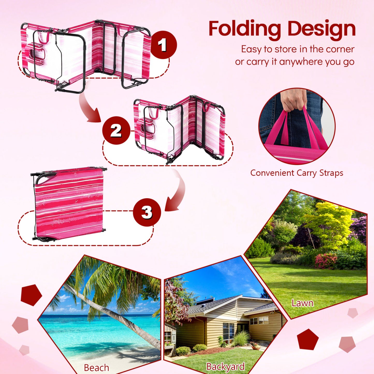 Folding Tanning Chair Set, Face Down With Hole, 3 Removable Pillows, Stripe, Pink Beach & Lawn Chairs at Gallery Canada
