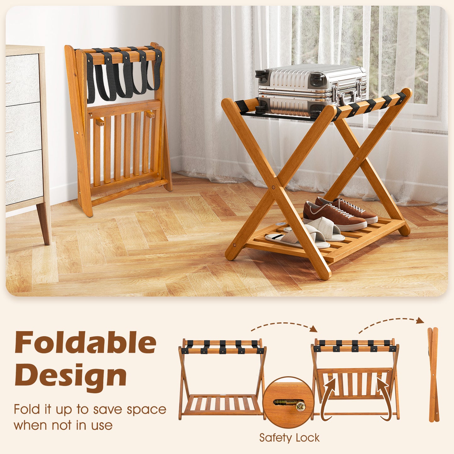 Set of 2 Folding Luggage Racks with 5 Nylon Straps and Slatted Storage Shelf, Natural Shoe Racks & Storage Benches at Gallery Canada