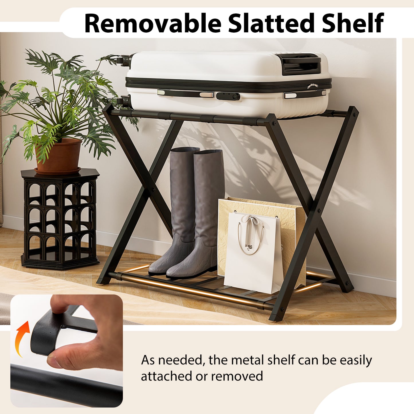 Folding Metal Luggage Rack Suitcase Set, Black