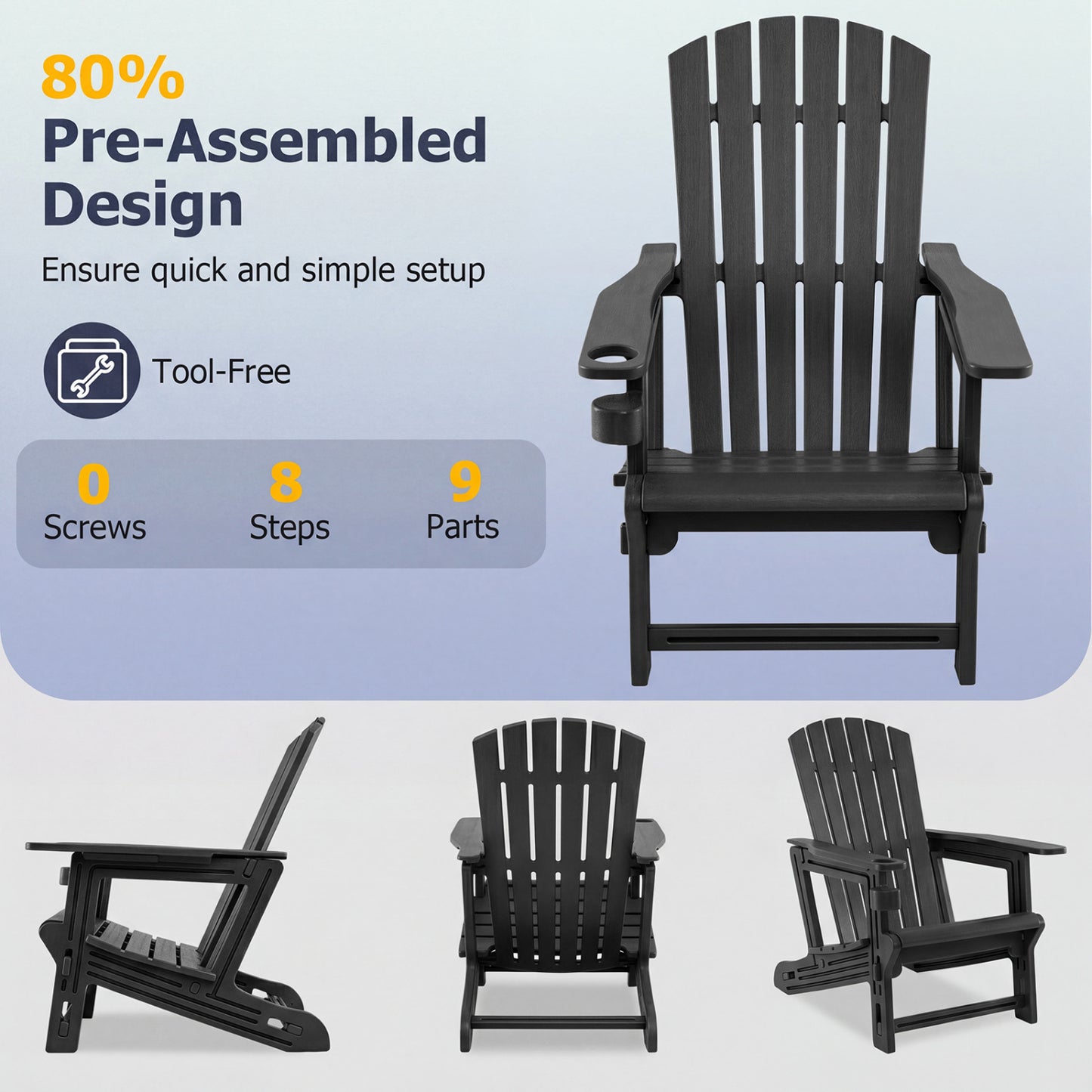2-Pack HDPE Adirondack Chairs with Cup Holder, Black