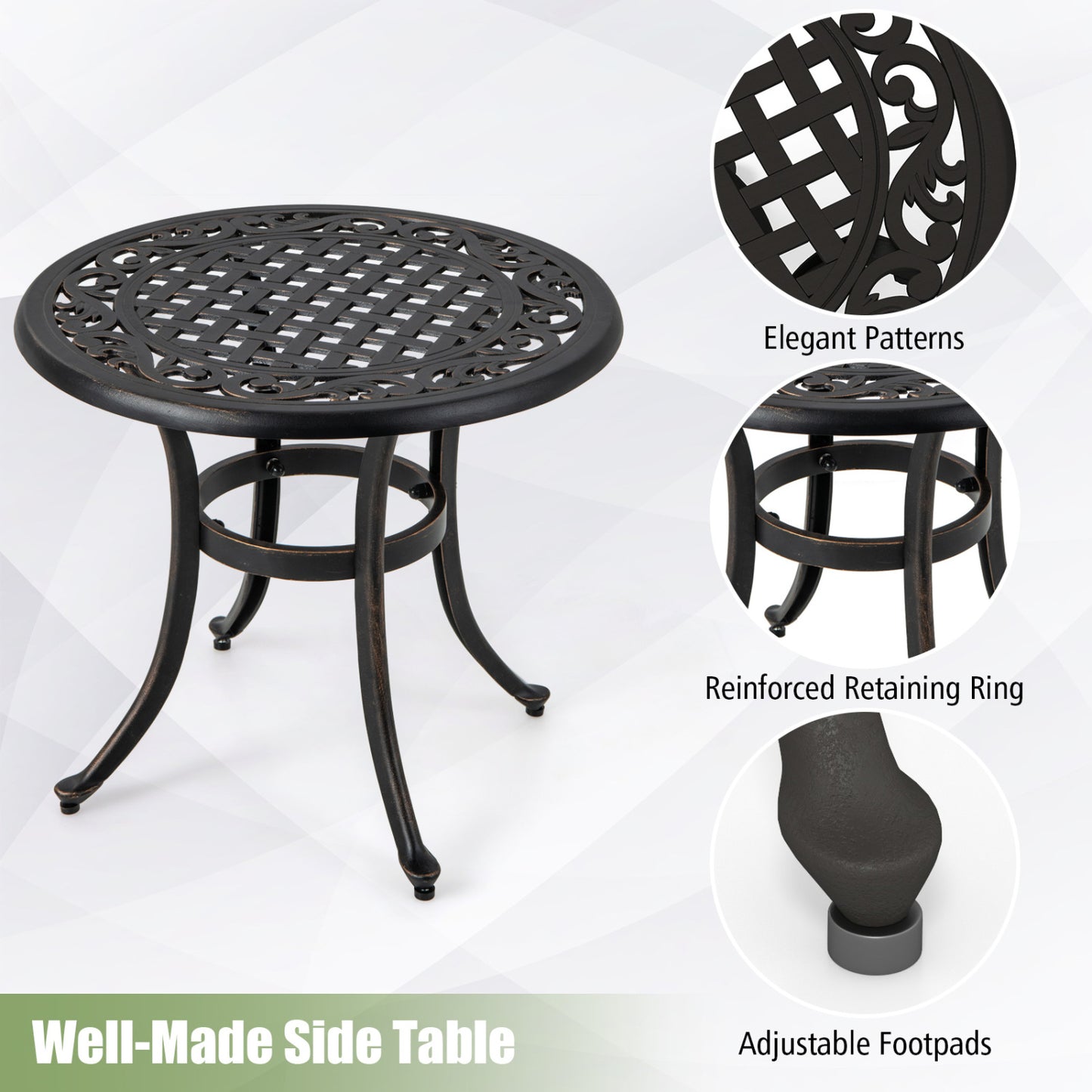 Set of 2 Heavy-Duty Outdoor Aluminum Side Table with Adjustable Footpads for Patio-Antique Brown, Brown Patio Coffee Tables at Gallery Canada