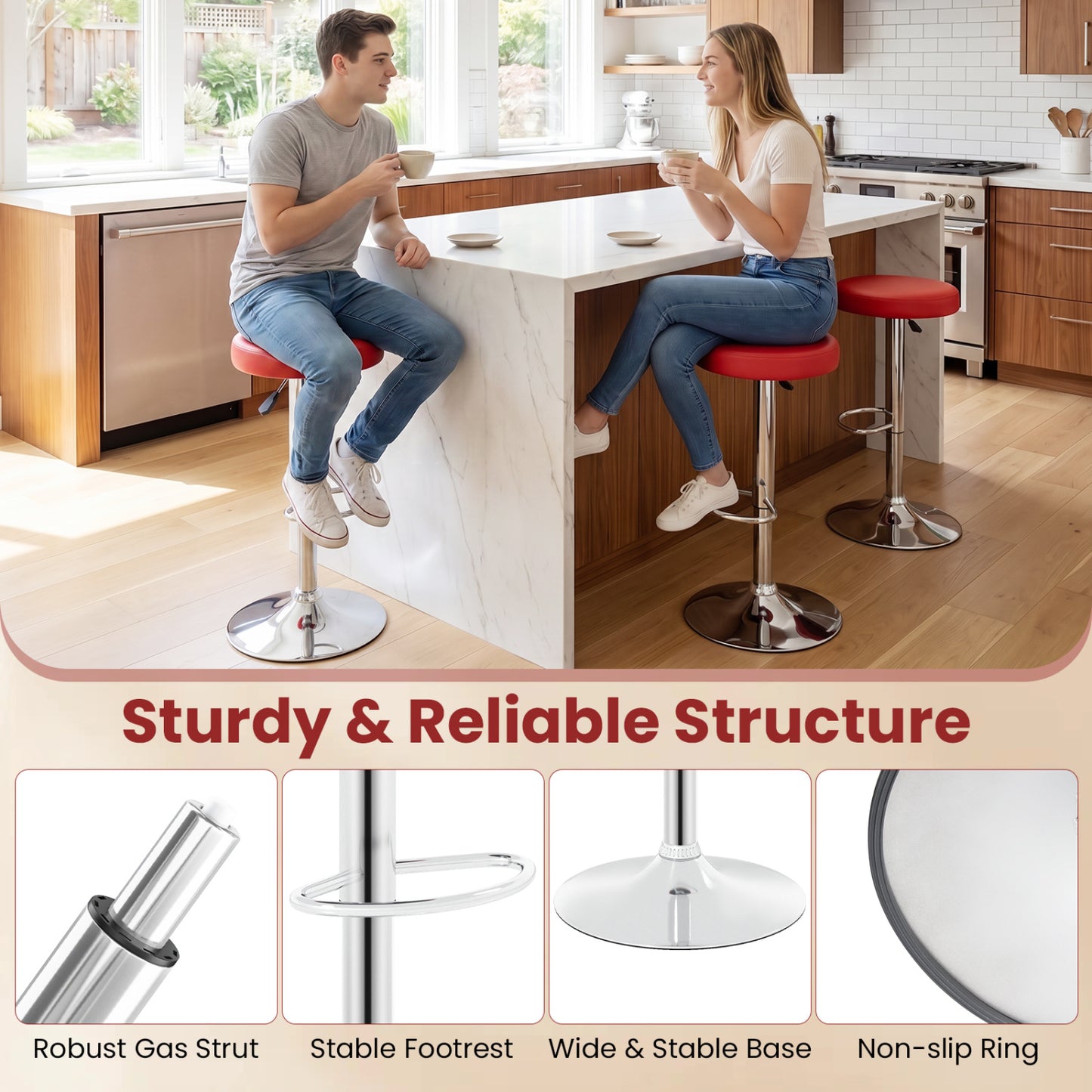 Set of 2 Height-adjustable Swivel Bar Stool with 360° Swivel bar stool, Red Bar Stools at Gallery Canada