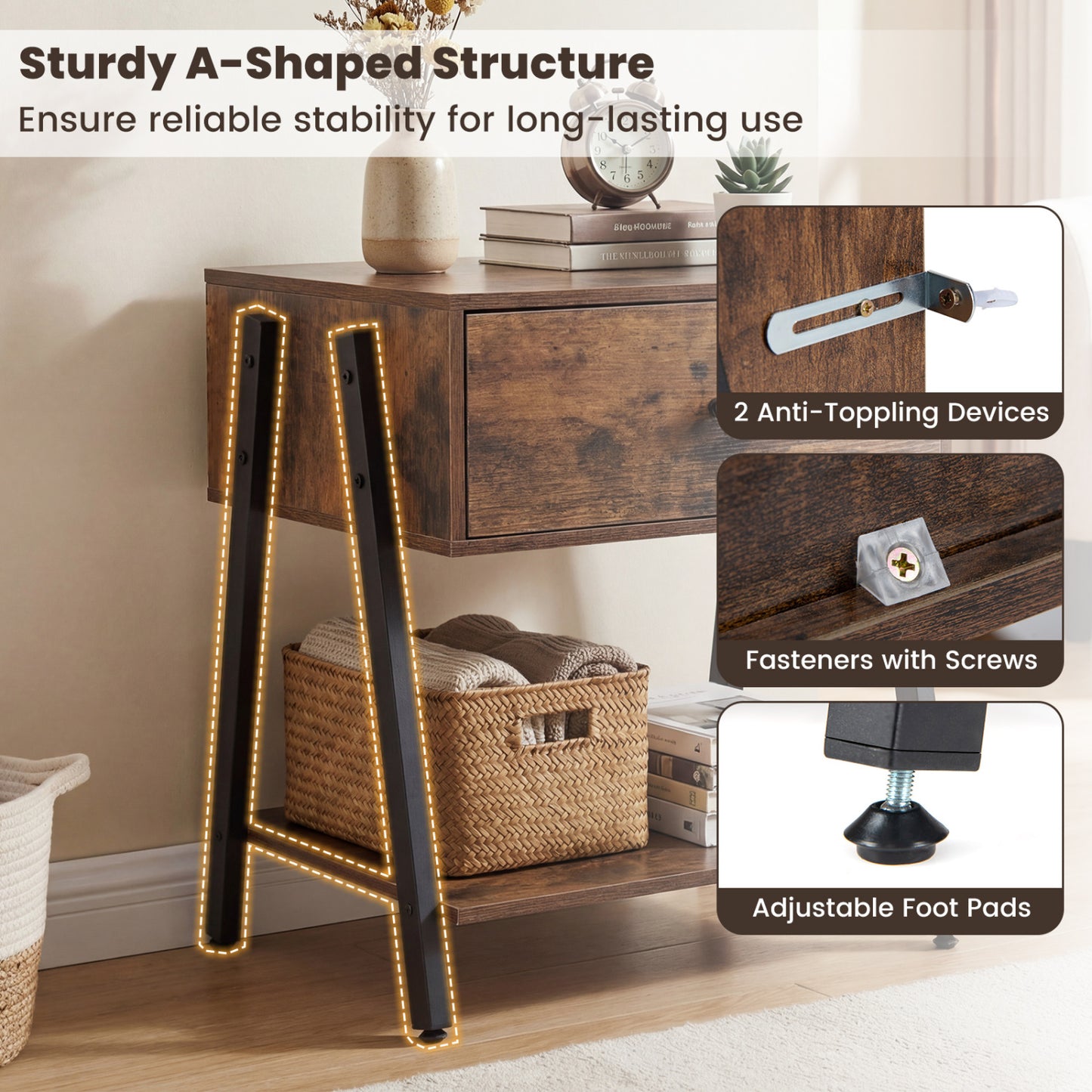 Set of 2 Industrial Nightstand, Adjustable Foot Pads, Rustic Brown