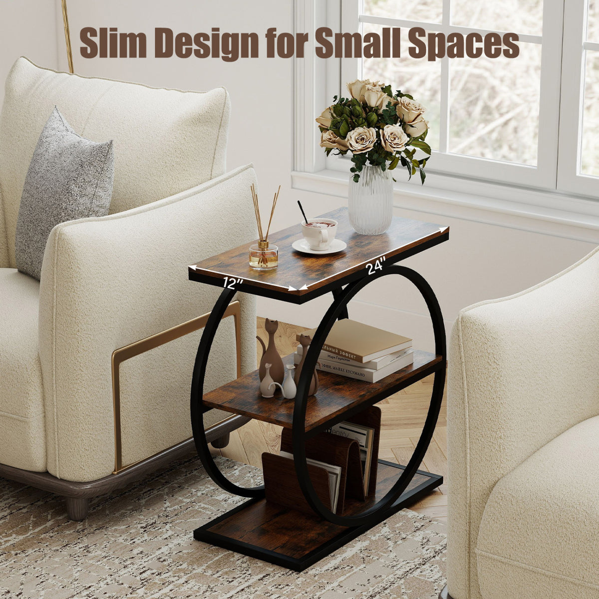 2 Industrial Faux Marble Side Tables, Metal Frame, Rustic Brown