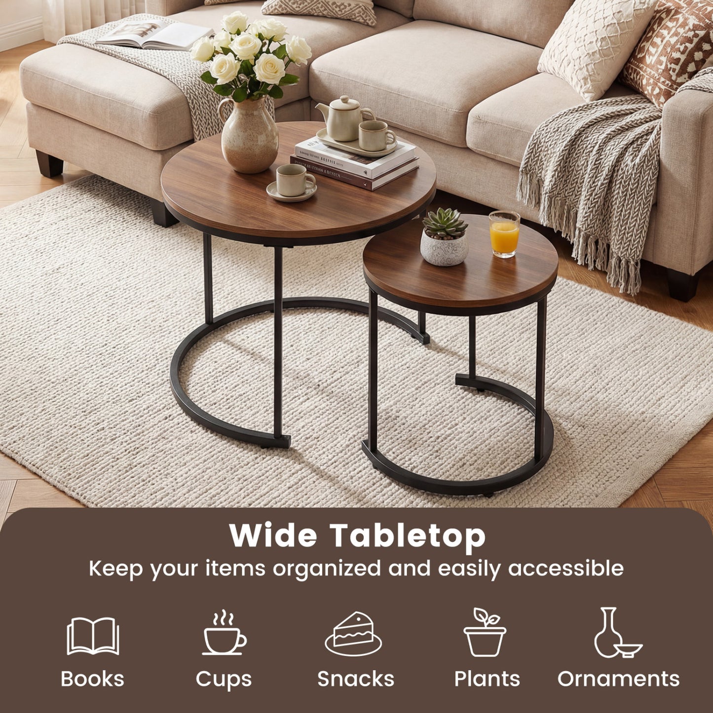 Set Of 2 Modern Round Stacking Nesting Coffee Tables, Brown Coffee Tables at Gallery Canada