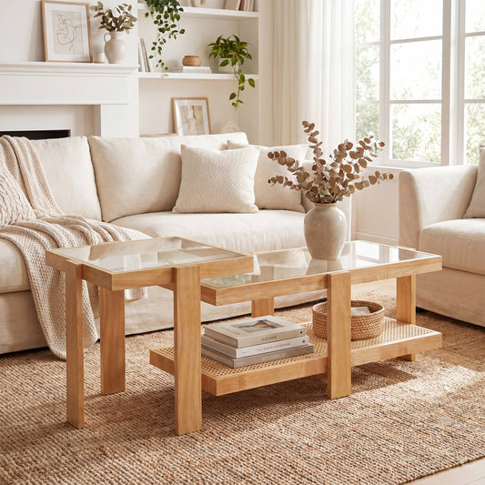 Set of 2 Nesting Coffee Table with Boho Rattan Accent Table, Natural Coffee Tables Natural at Gallery Canada
