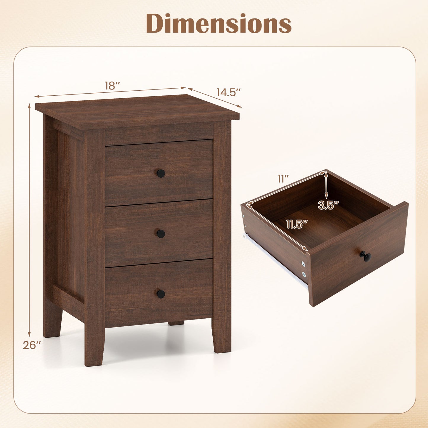 Set of 2 Nightstand End Beside Table Drawers, Walnut Bedroom at Gallery Canada