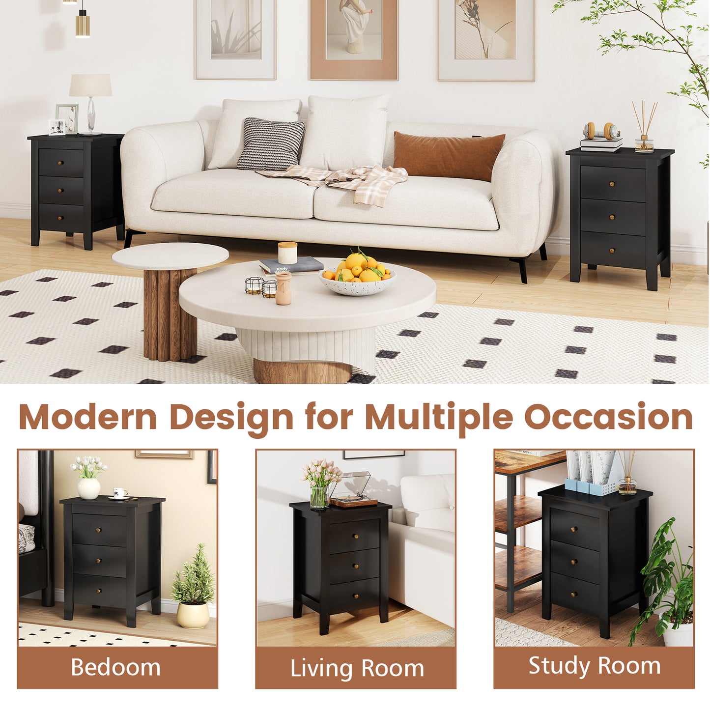 Set of 2 Nightstand End Beside Table Drawers, Black Nightstands at Gallery Canada