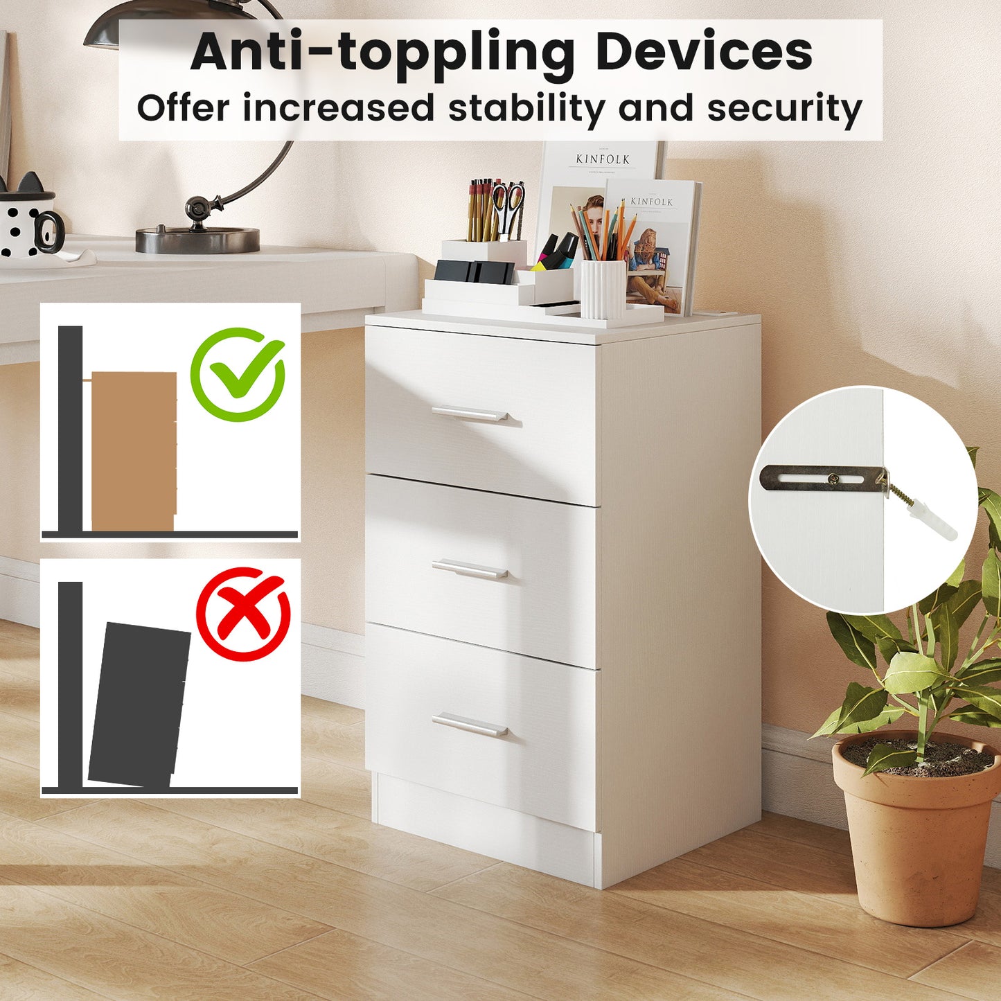Set of 2 Nightstand with Charging Station End Table with 3 Storage Drawers Bedside Table for Bedroom, White Nightstands at Gallery Canada