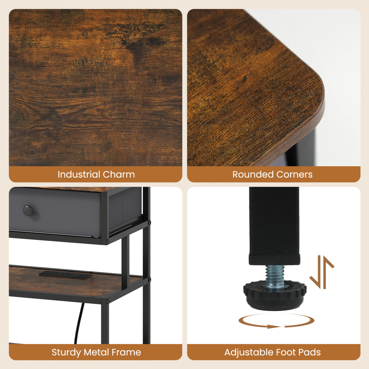 Set Of 2 Nightstands, 28 Inch Tall, Charging Station, Rustic Brown Nightstands at Gallery Canada