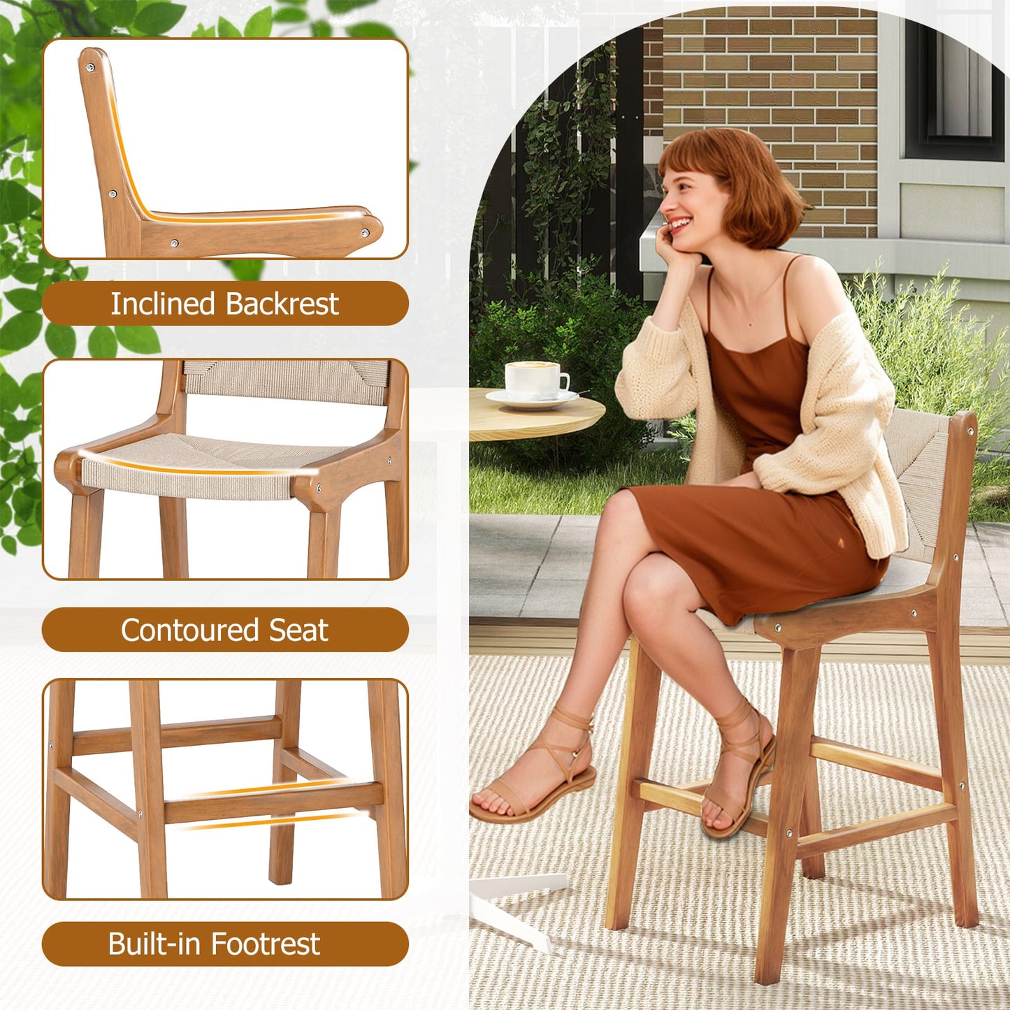 Set of 2 Outdoor Counter Height Bar Stool Woven Paper Rope Patio Barstool with Teak Wood Frame Patio Bar Furniture at Gallery Canada