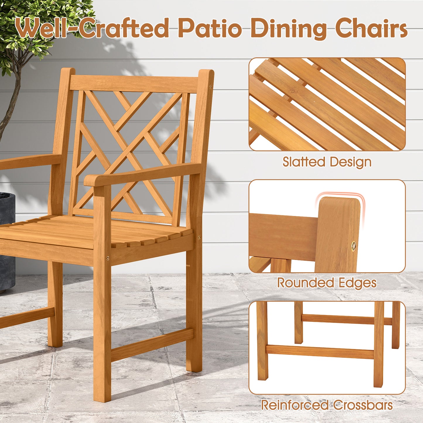 Set of 2 Outdoor Dining Chairs Acacia Wood with Cross-Pattern Backrest, Natural Patio Dining Chairs at Gallery Canada