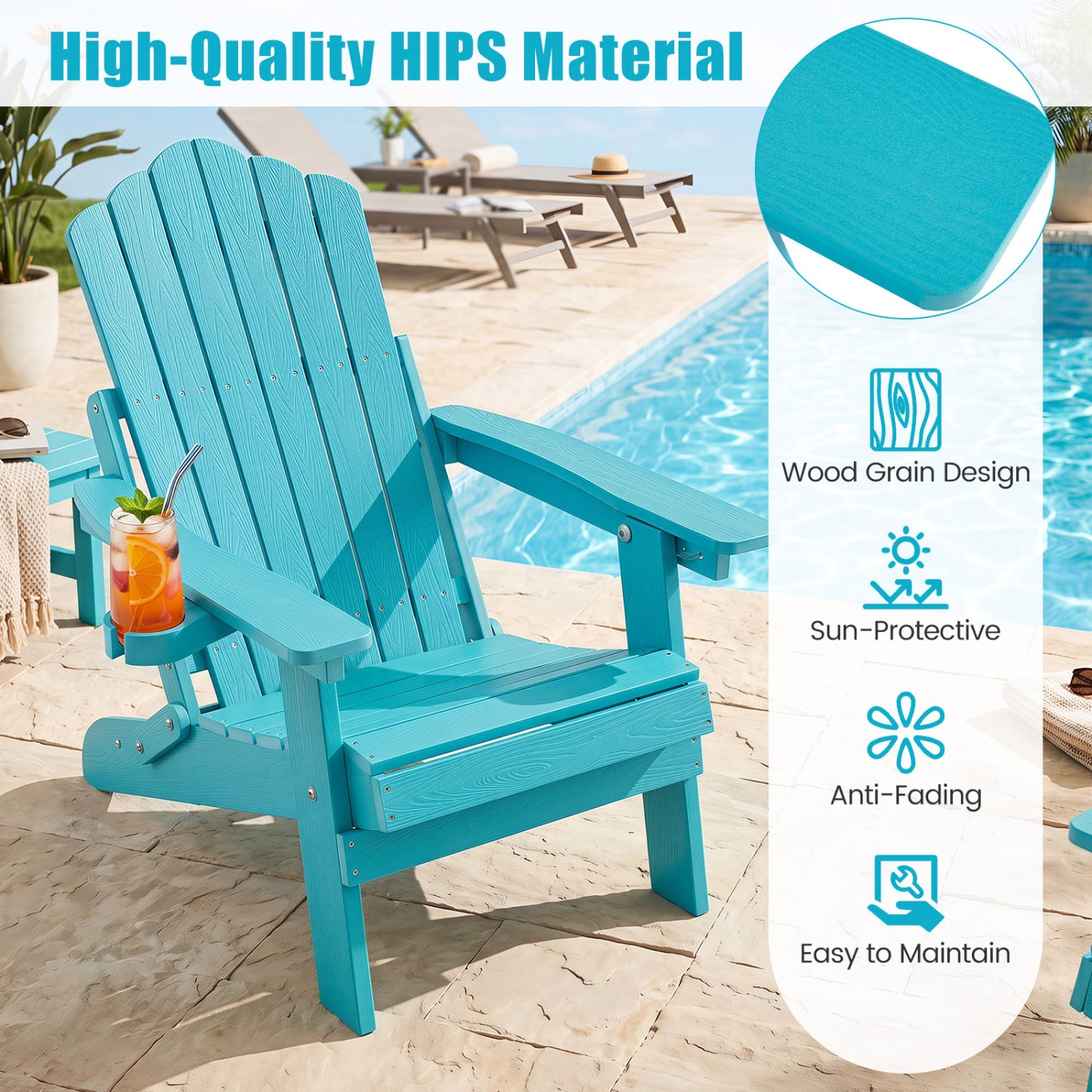 Lot de 2 chaises Adirondack pliantes avec porte-gobelet, turquoise