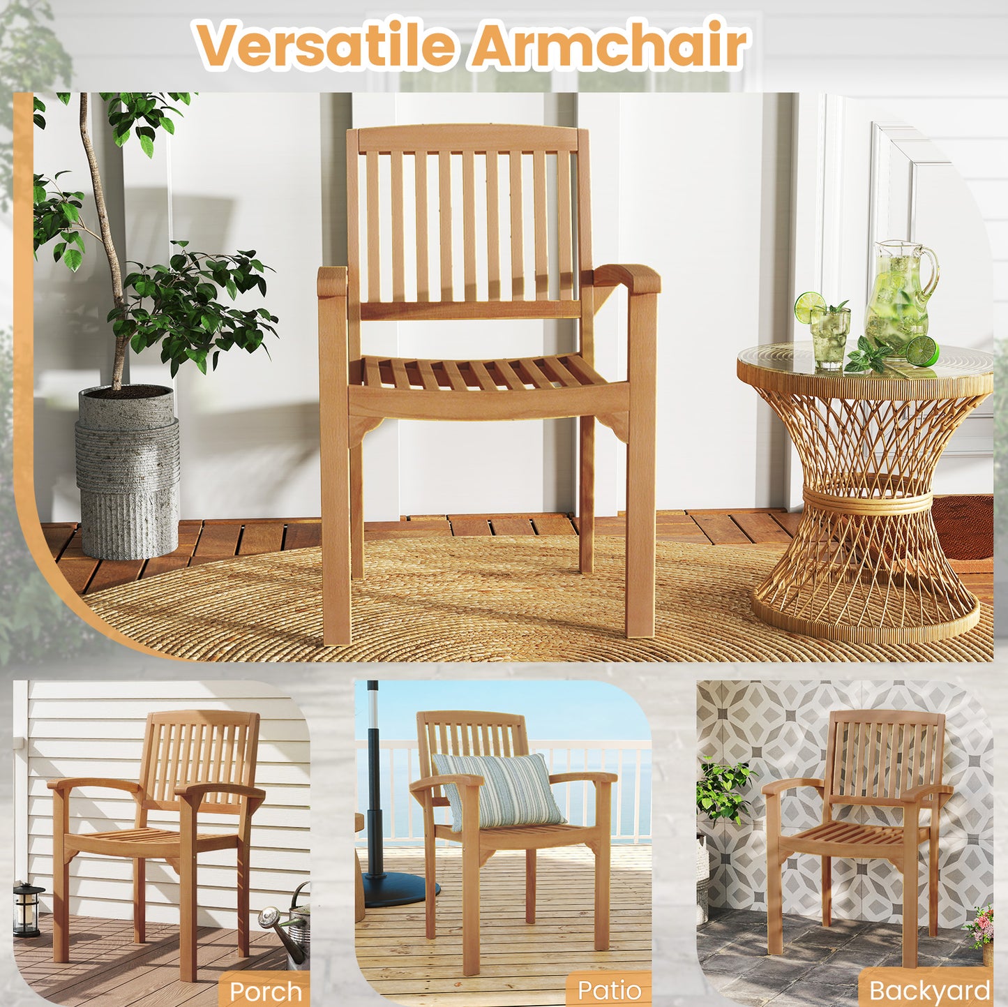 Outdoor Patio Chair Set, 2 Chairs, Slatted Curved Seat, Natural Patio Dining Chairs at Gallery Canada