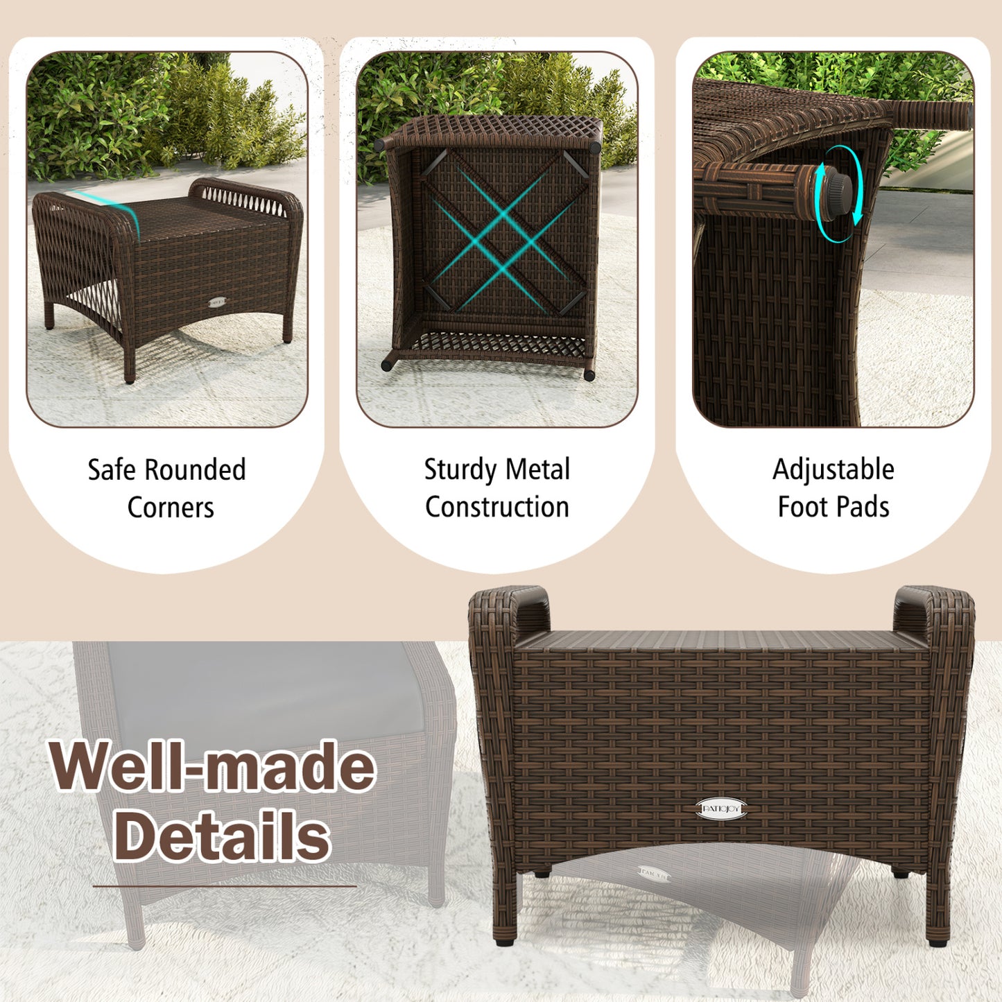 Set Of 2 PE Wicker Ottomans With Cushions, Black