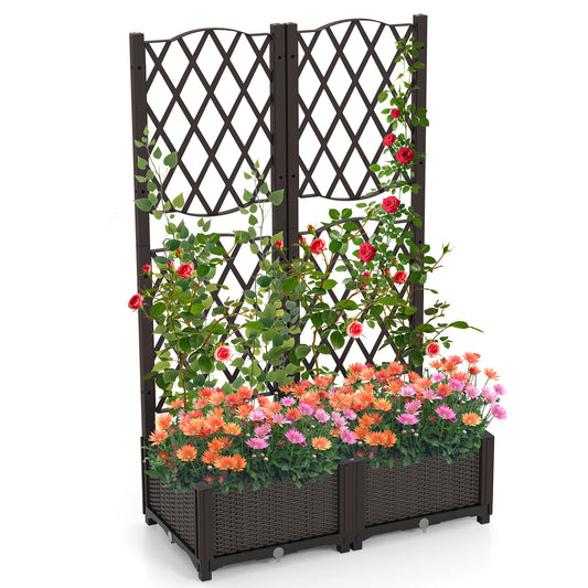 Set of 2 PE Rattan Raised Garden Bed with Trellis Planter Box for Climbing Plants, Rustic Brown Raised Garden Beds Rustic Brown at Gallery Canada