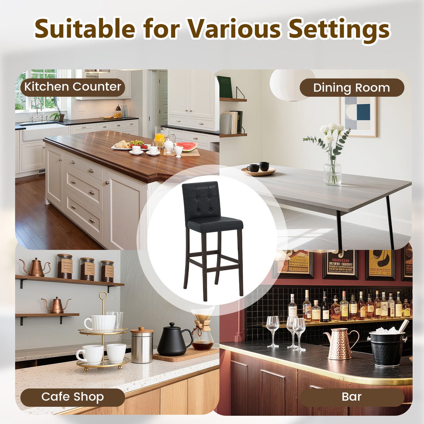 Set of 2 PVC Dining Leather Bar Stools with Solid Wood Legs-29 inches Bar Stools at Gallery Canada