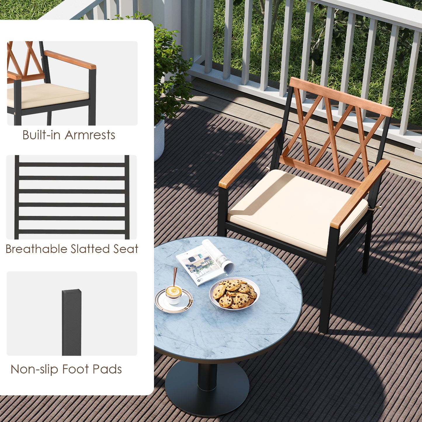 Ensemble de 2 chaises de patio, coussins rembourrés amovibles, 18 pouces