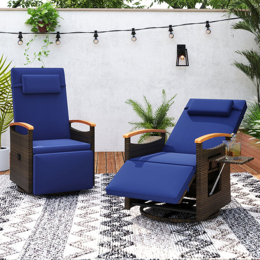 Set of 2 Patio Rattan 360° Swivel Recliner Chair with Adjustable Backrest and Footrest, Navy Outdoor Chaise Lounges Navy at Gallery Canada