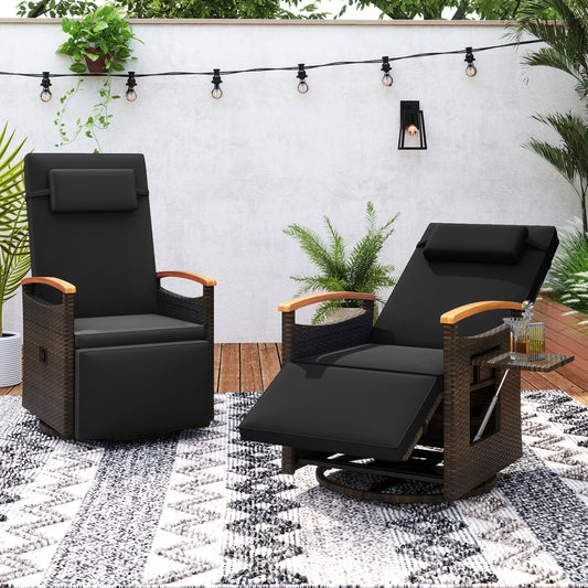 Set of 2 Patio Rattan 360° Swivel Recliner Chair with Adjustable Backrest and Footrest, Black Outdoor Chaise Lounges Black at Gallery Canada