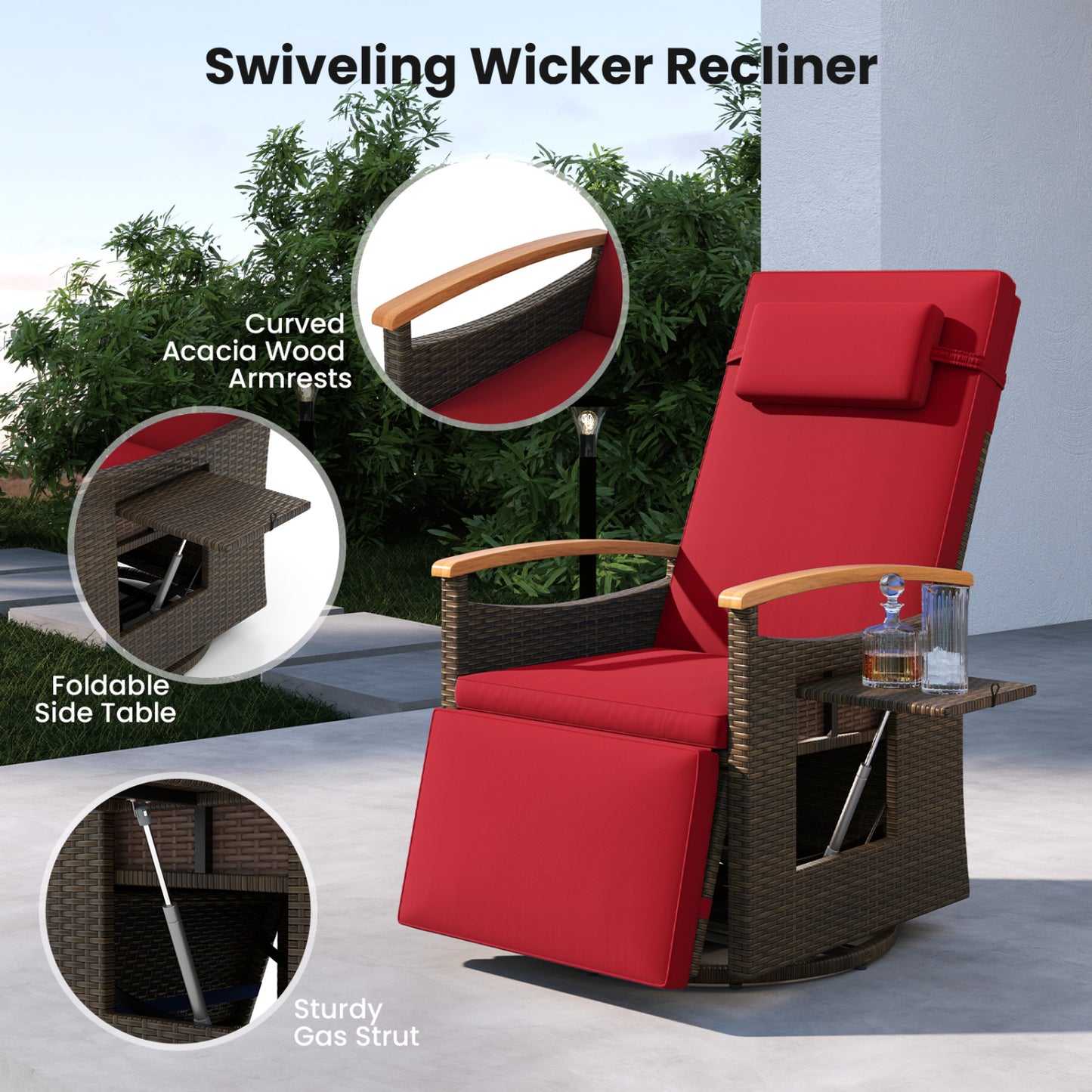 Set of 2 Patio Rattan 360° Swivel Recliner Chair with Adjustable Backrest and Footrest, Red Outdoor Chaise Lounges at Gallery Canada