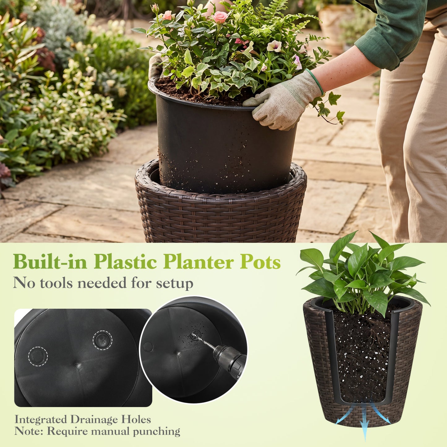 Set of 2 Plastic Taper Rattan Planters, Brown Raised Garden Beds at Gallery Canada