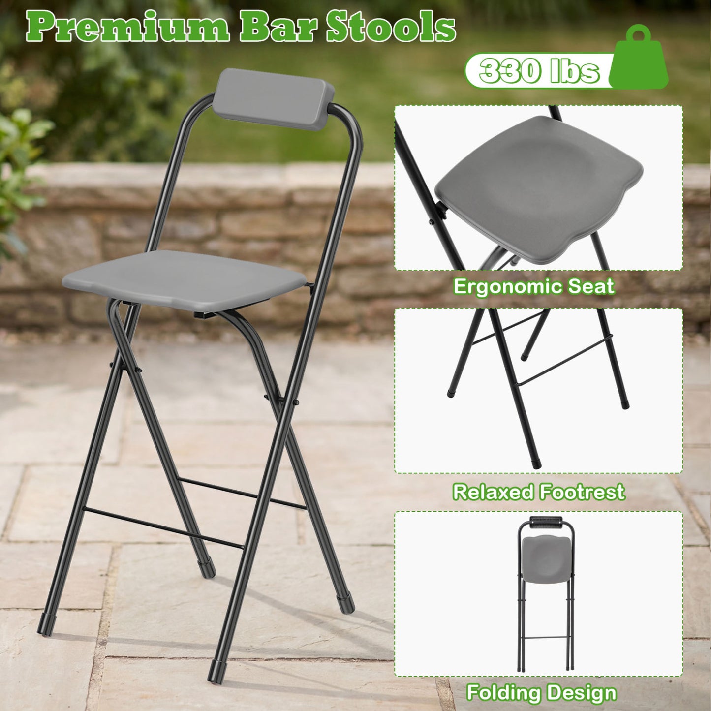 Set of 2 Portable Bar Stools with Ergonomic Seat, Black