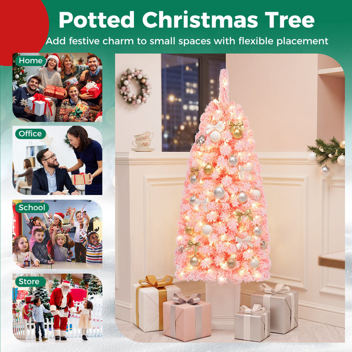 2 Pre-lit Potted Artificial Christmas Trees, 4FT, Pink