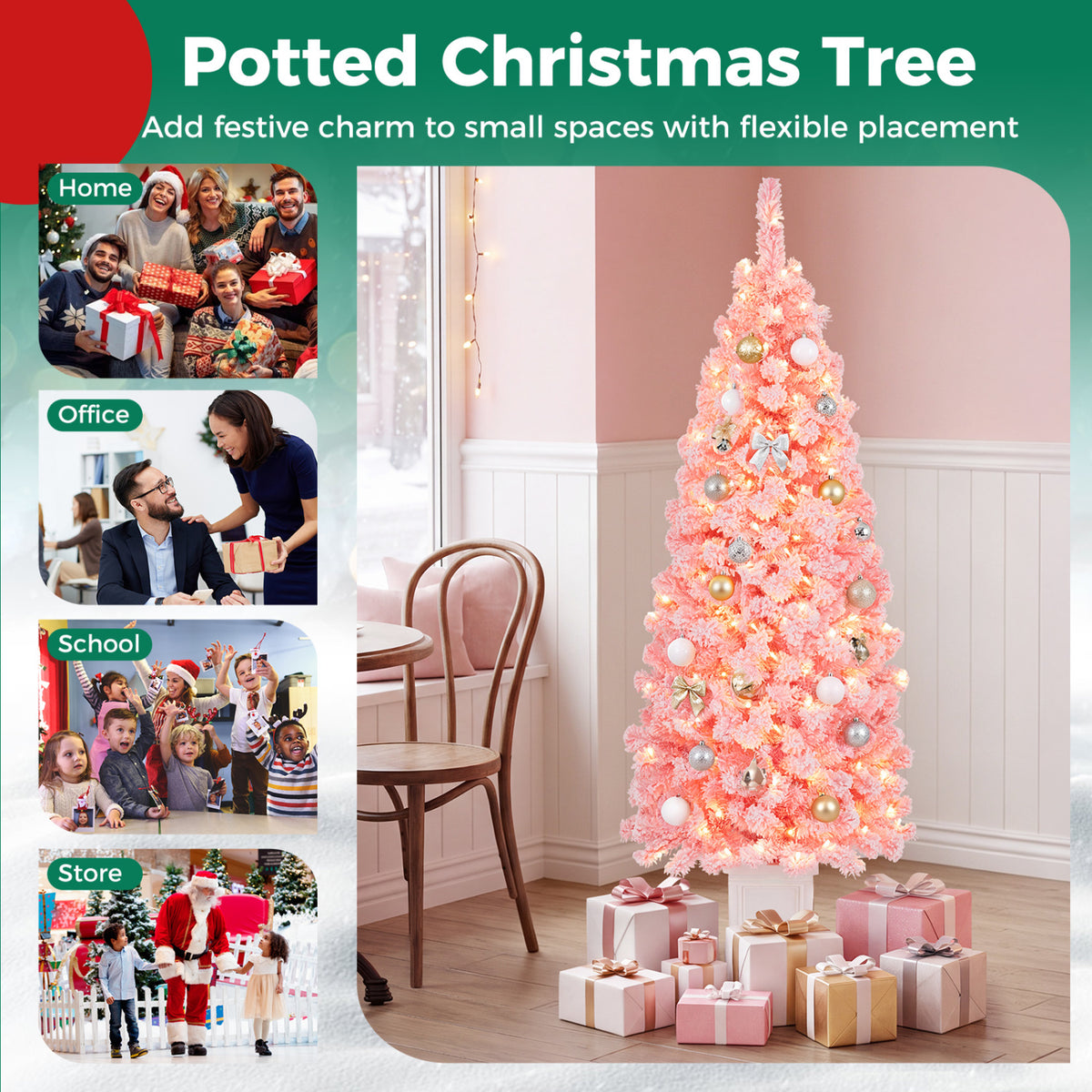 Pre-lit Potted Artificial Christmas Tree Set, 5FT, Pink