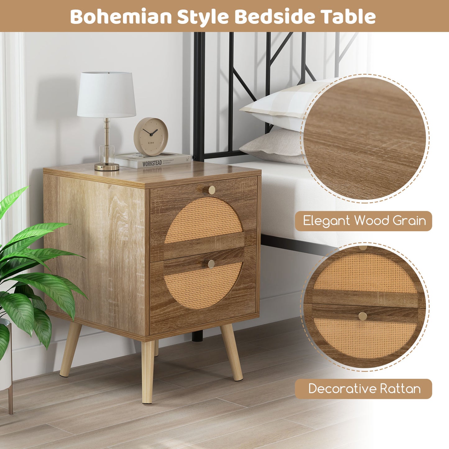 Set of 2 Rattan Nightstands, 2 Drawers, Solid Wood Legs, Natural Nightstands at Gallery Canada