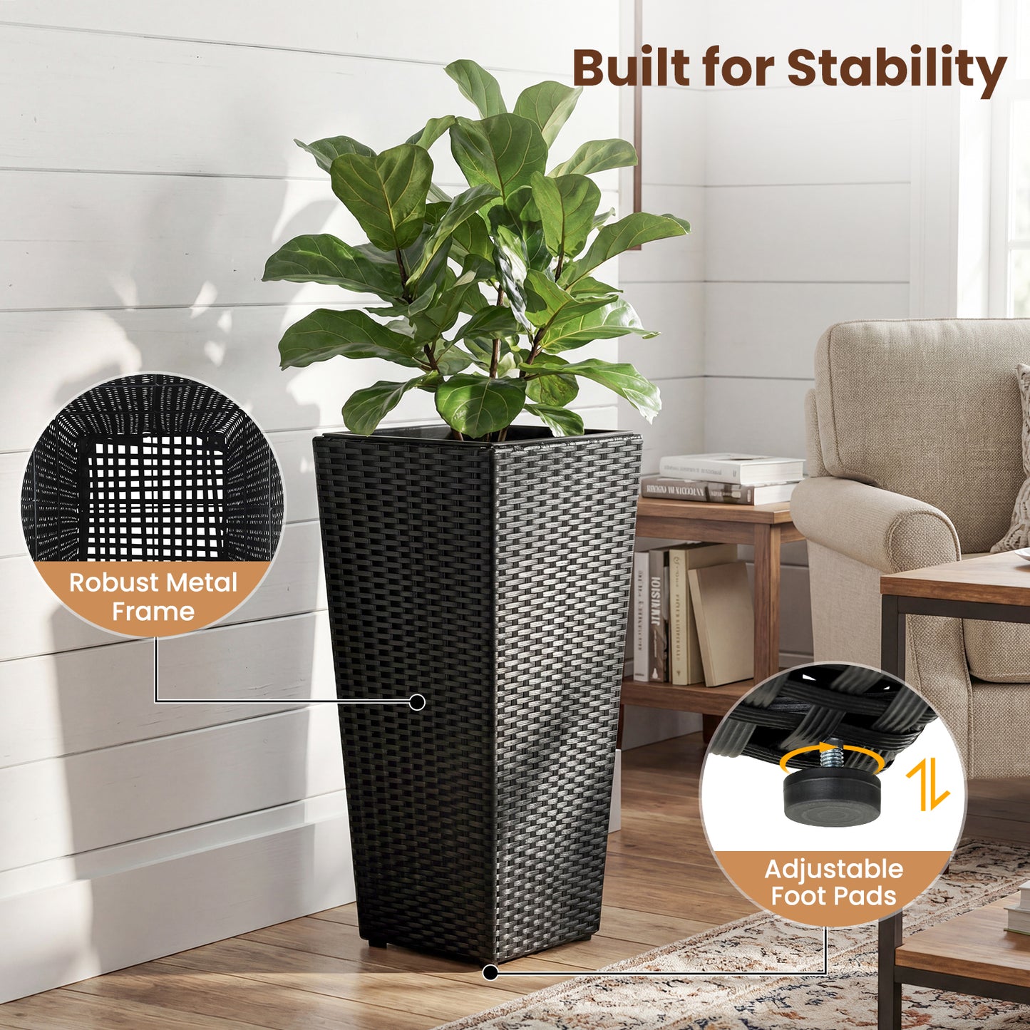 Set of 2 Rattan Tall Plant Pots with Detachable Plastic Liners, Black Raised Garden Beds at Gallery Canada