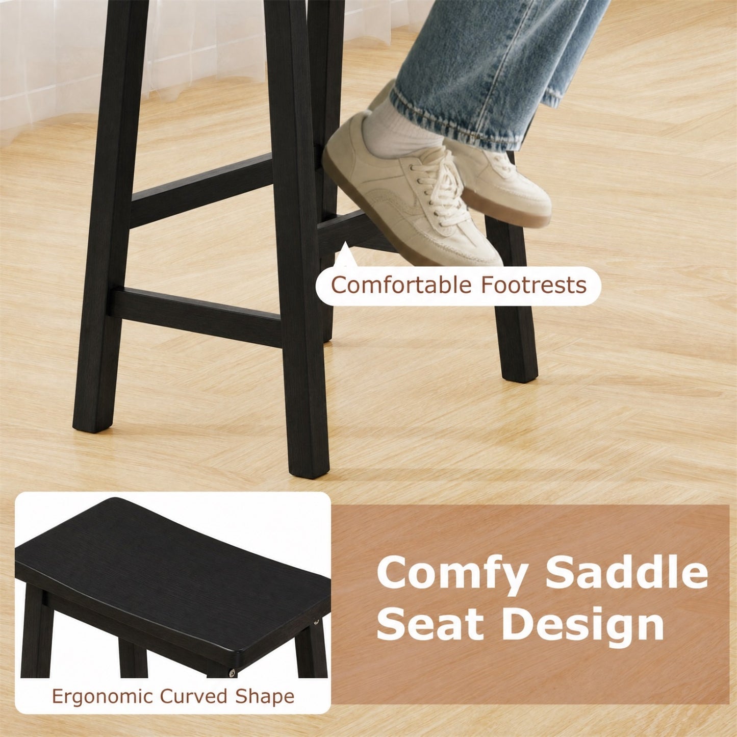 Set Of 2 Saddle-Seat Counter Height Stools With Curved Seat, Black