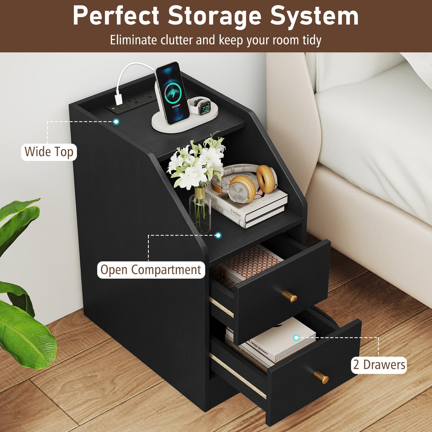 Set of 2 Side End Tables with Charging Station Sofa Couch Tables with Shelf Drawers, Black