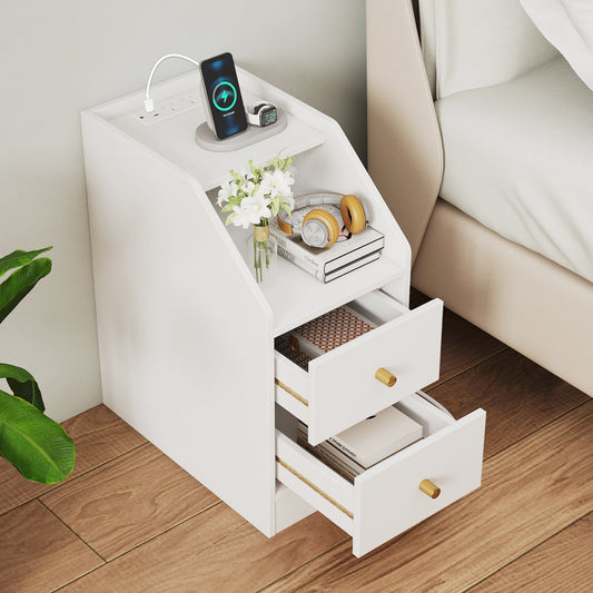 Set of 2 Side End Tables with Charging Station Sofa Couch Tables with Shelf Drawers, White End & Side Tables White at Gallery Canada