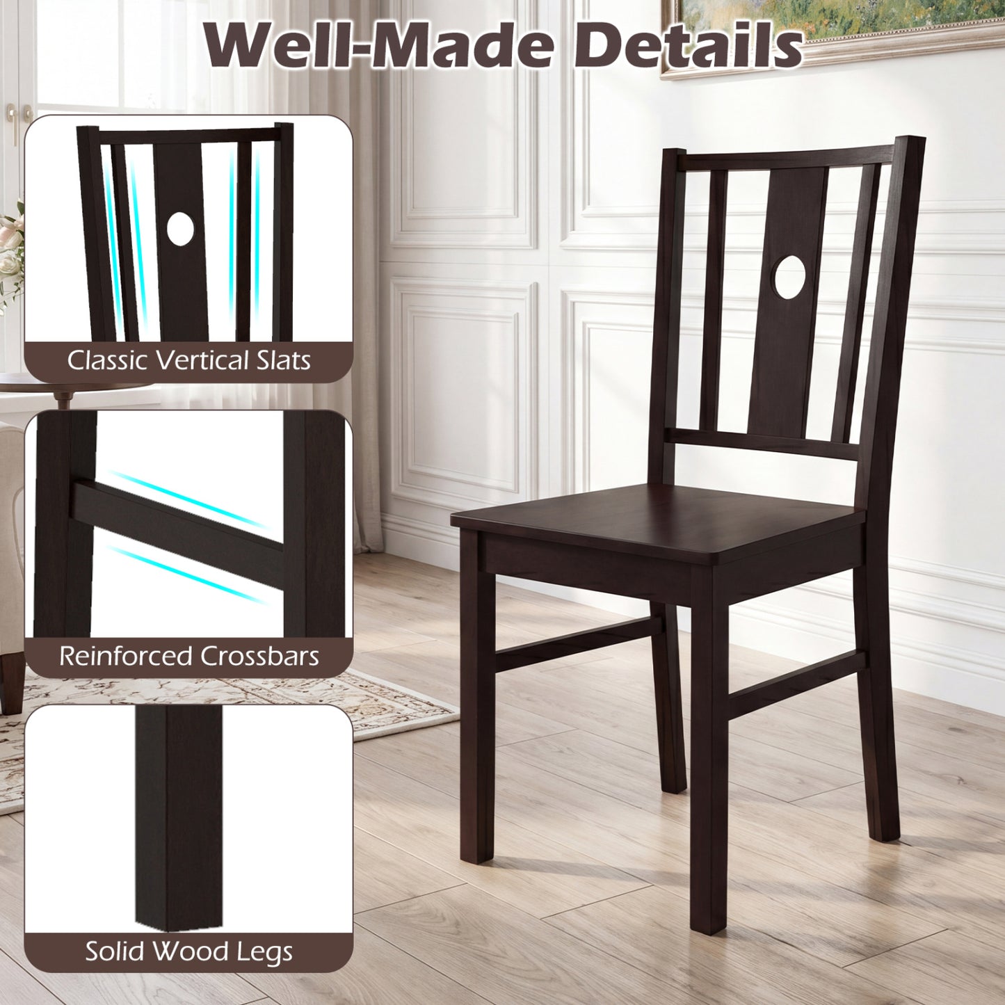 Set of 2 Solid Rubber Wood Kitchen Chairs with Slatted Curved Backrest, Coffee Dining Chairs at Gallery Canada