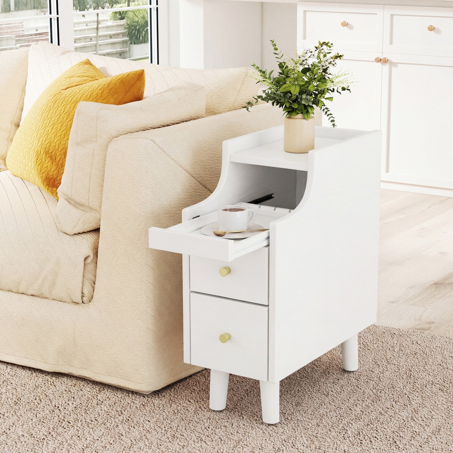 Set Of 2 Solid Wood Nightstand With Pull-out Tray, White Nightstands at Gallery Canada