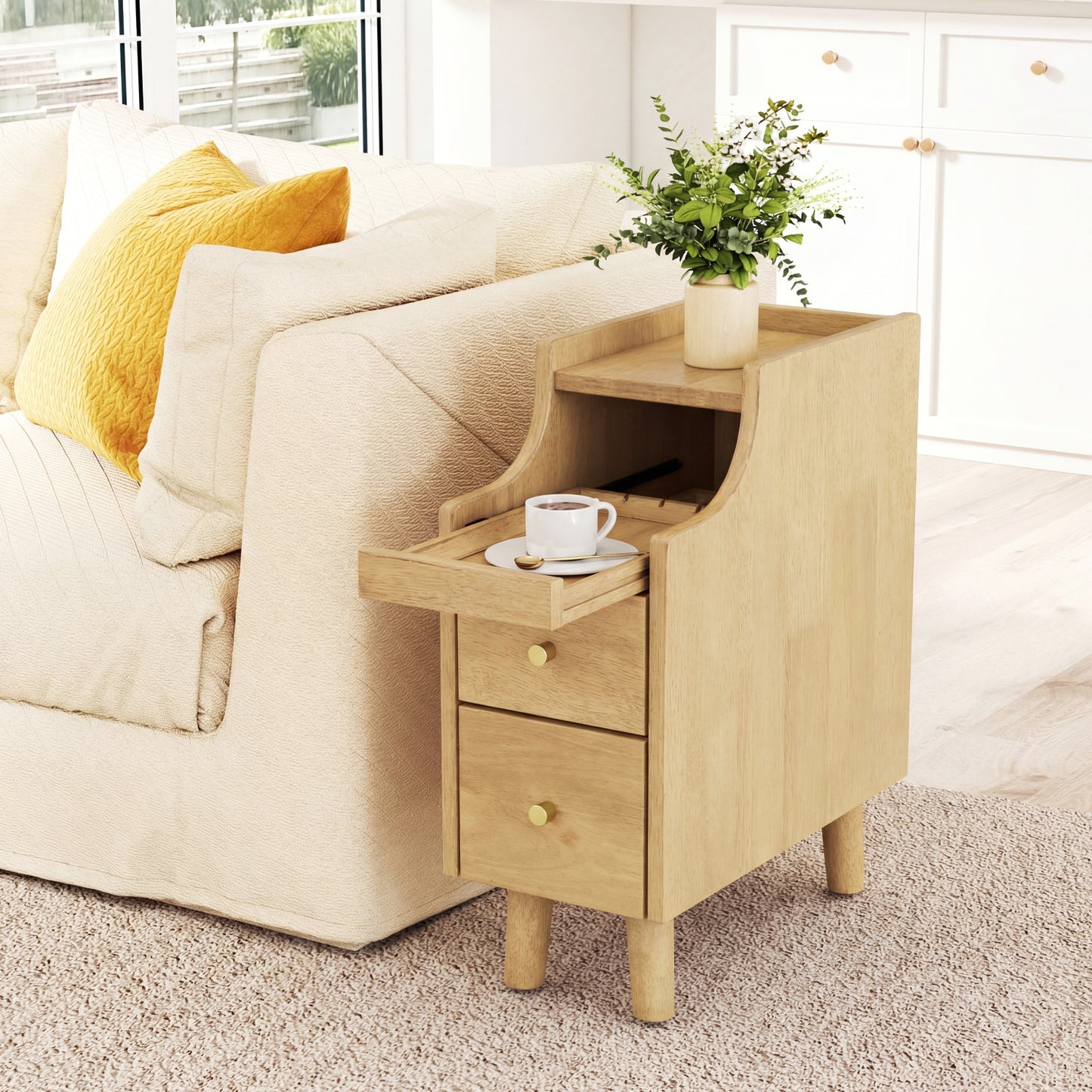 Set of 2 Solid Wood Nightstand with Pull-Out Tray, Drawers, Natural Nightstands at Gallery Canada