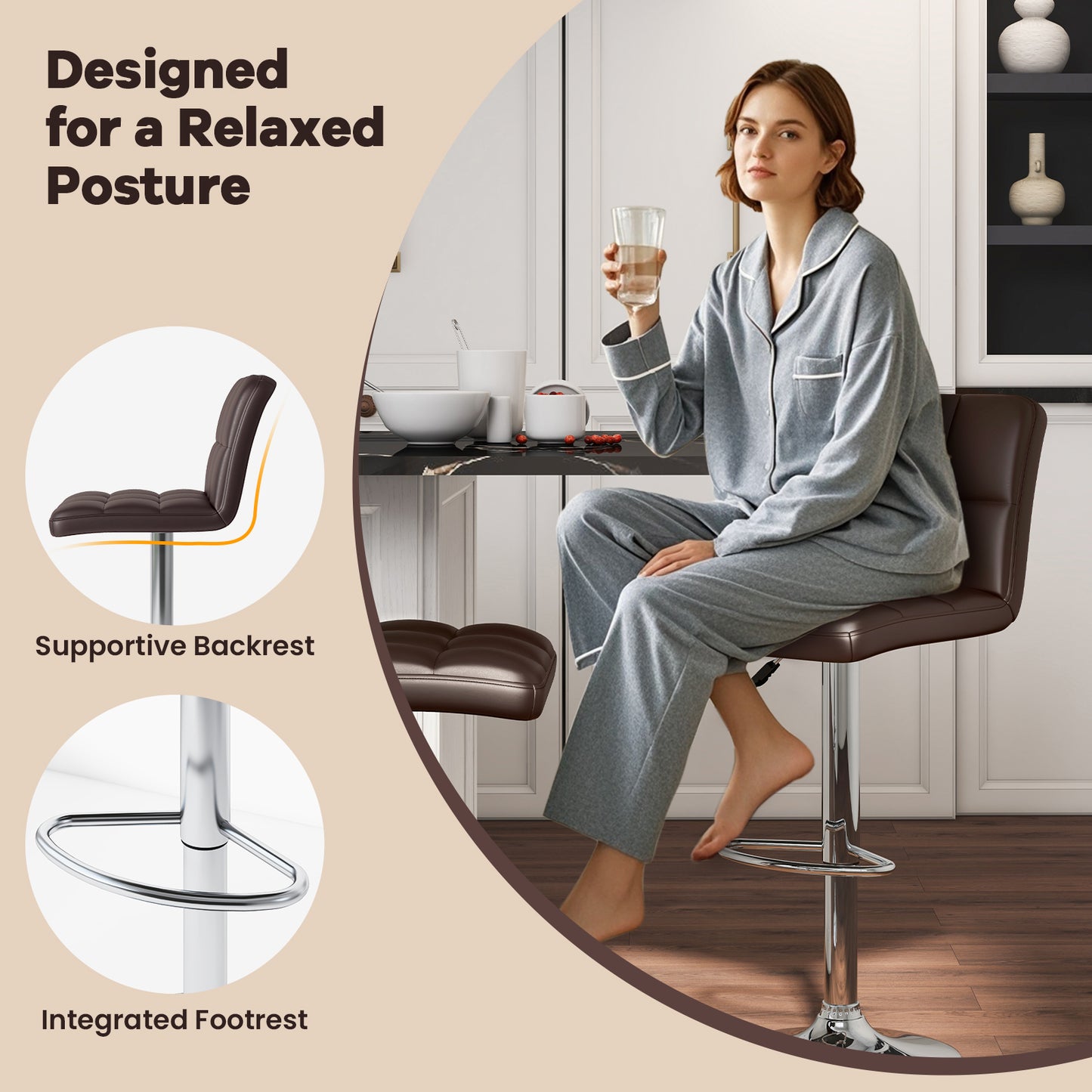 Square Swivel Adjustable PU Leather Bar Stools, Set of 2, Brown Bar Stools at Gallery Canada