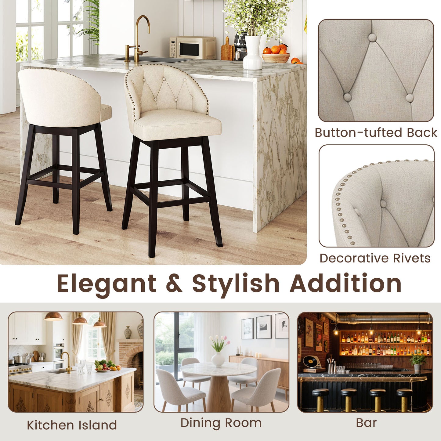 Swivel Bar Stools, Tufted Bar Height Pub Chairs, Rubber Wood Legs, Beige Bar Stools at Gallery Canada